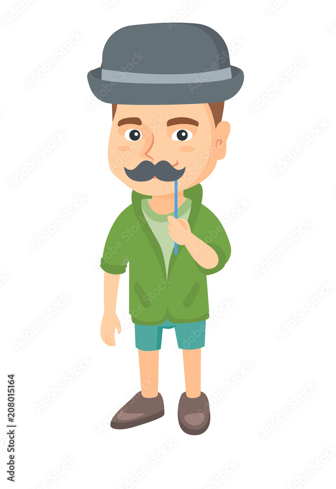 Little caucasian boy wearing hat bowler and holding fake moustache on a stick in front of his face. Boy with fake mustache. Vector sketch cartoon illustration isolated on white background. Little caucasian boy wearing hat bowler and holding fake moustache on a stick in front of his face. Boy with fake mustache. Vector sketch cartoon illustration isolated on white background.