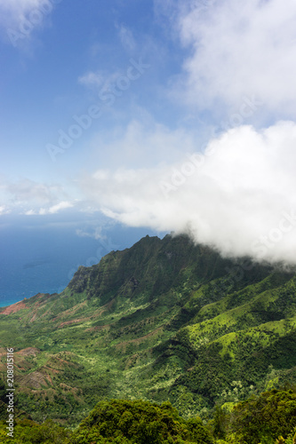 Aerial view on a overcast day over Na Pali Coast in Kauai  Hawaii