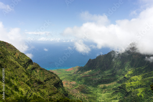 Aerial view on a overcast day over Na Pali Coast in Kauai, Hawaii