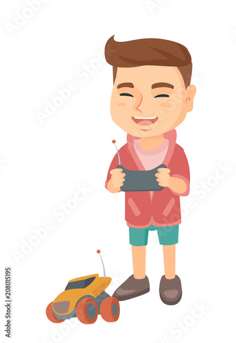 Caucasian cheerful boy playing with a radio-controlled car. Boy holding remote control and playing with the electric car. Vector sketch cartoon illustration isolated on white background.