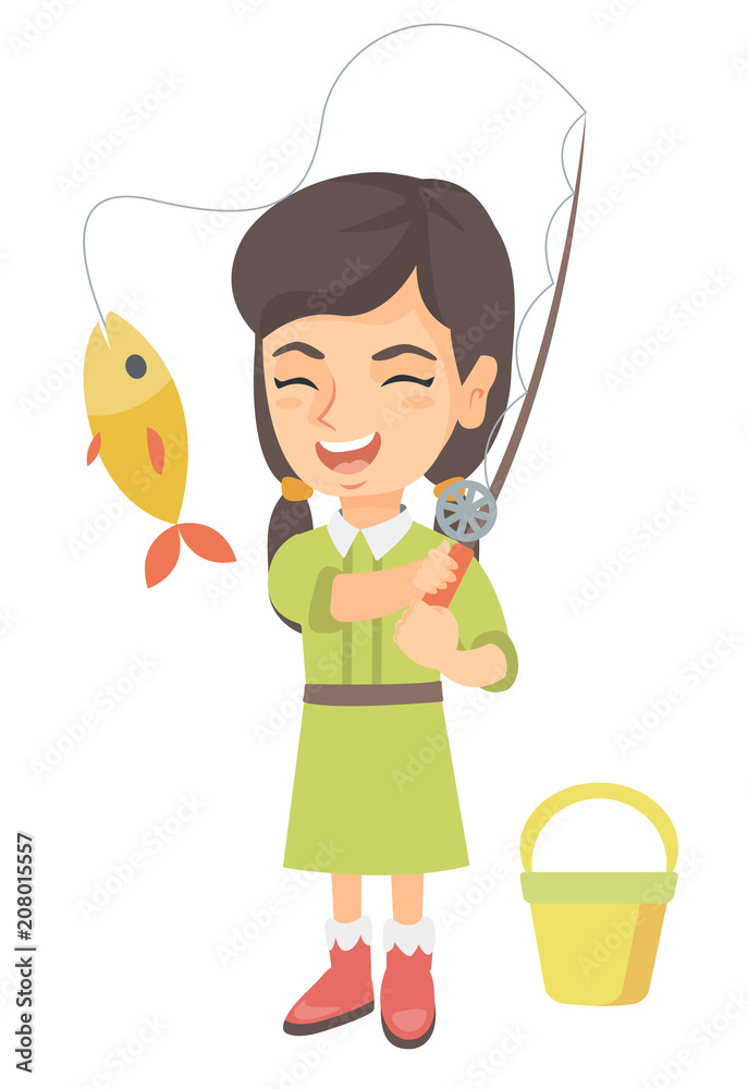 Cheerful caucasian little girl fishing. Smiling girl standing near the  bucket for fish and holding fishing rod with fish on a hook. Vector sketch  cartoon illustration isolated on white background. Stock Vector