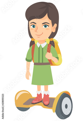 Joyful caucasian schoolgirl riding on self-balancing electric scooter. Happy schoolgirl with backpack riding on gyroscooter to school. Vector sketch cartoon illustration isolated on white background.