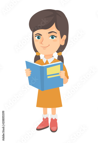 Little caucasian schoolgirl reading a book. Smiling schoolgirl holding a story book in hands. Concept of education. Vector sketch cartoon illustration isolated on white background.