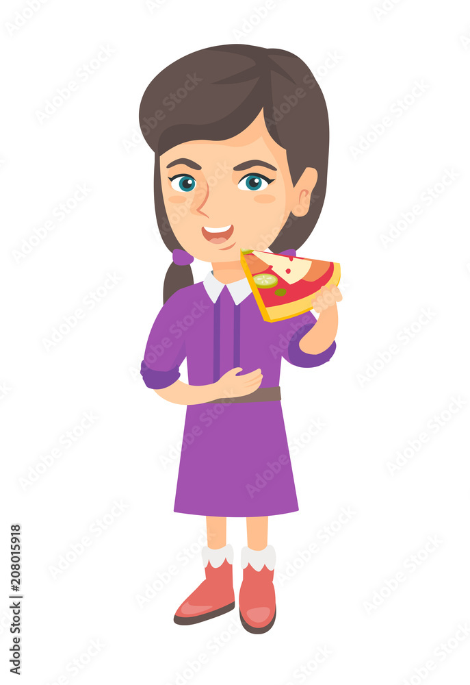 Cheerful caucasian girl eating tasty pizza. Full length of little girl holding a piece of pizza in hand and stroking her belly. Vector sketch cartoon illustration isolated on white background Cheerful caucasian girl eating tasty pizza. Full length of little girl holding a piece of pizza in hand and stroking her belly. Vector sketch cartoon illustration isolated on white background