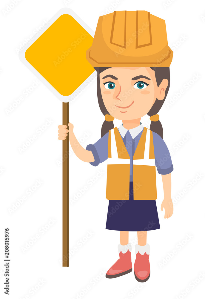 Little caucasian builder girl holding road sign. Smiling girl in a builder reflective vest and hard hat standing near road sign. Vector sketch cartoon illustration isolated on white background. Little caucasian builder girl holding road sign. Smiling girl in a builder reflective vest and hard hat standing near road sign. Vector sketch cartoon illustration isolated on white background.