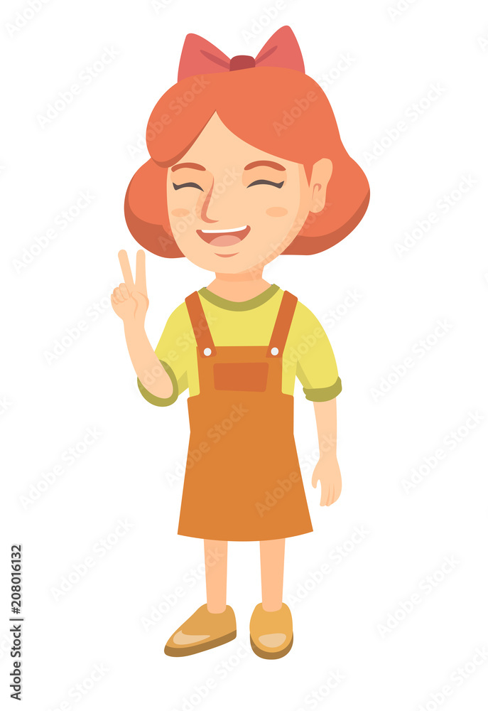 Caucasian girl showing victory gesture. Little girl showing victory sign with two fingers. Vector sketch cartoon illustration isolated on white background. Caucasian girl showing victory gesture. Little girl showing victory sign with two fingers. Vector sketch cartoon illustration isolated on white background.
