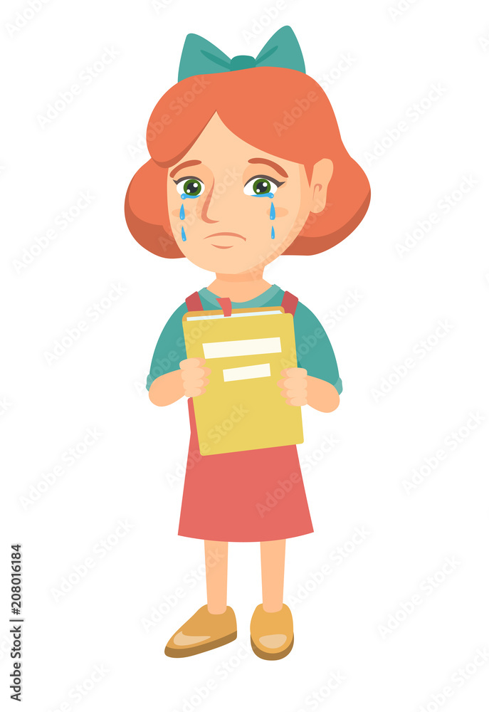 Caucasian upset little girl shedding tears and showing book. Sad girl crying and holding book in hands. Vector sketch cartoon illustration isolated on white background. Caucasian upset little girl shedding tears and showing book. Sad girl crying and holding book in hands. Vector sketch cartoon illustration isolated on white background.