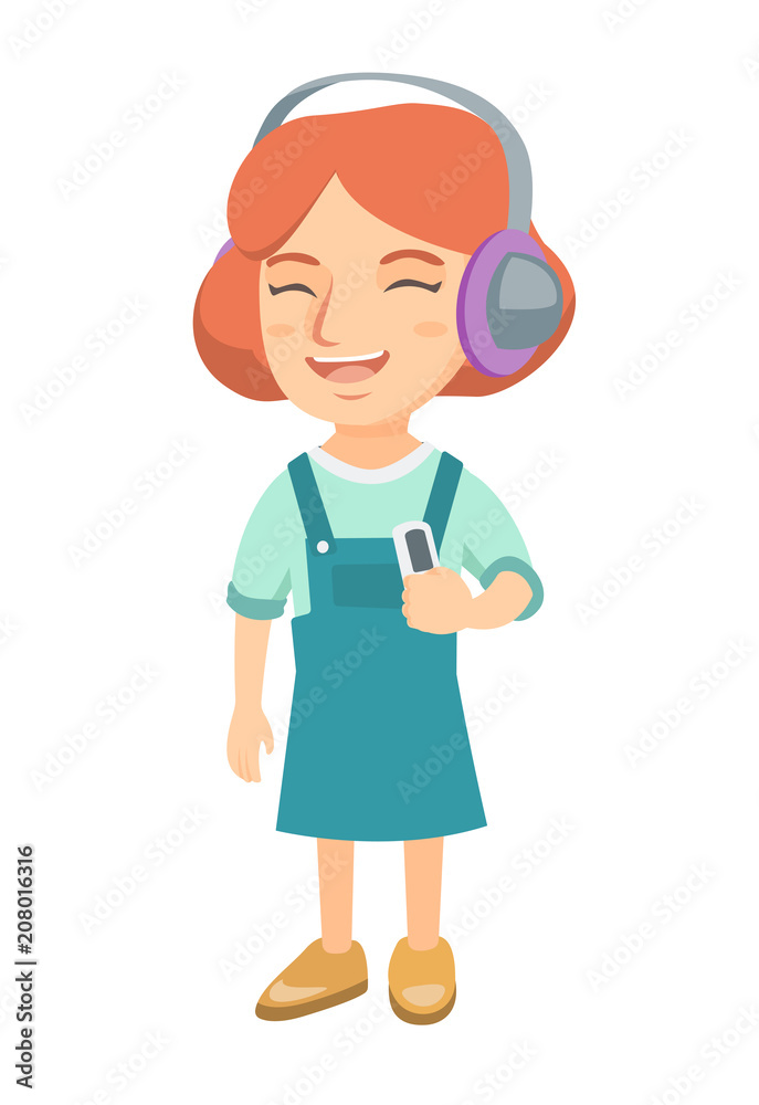 Caucasian girl enjoying music in headphones. Little girl in earphones listening to music with a music player. Vector sketch cartoon illustration isolated on white background. Caucasian girl enjoying music in headphones. Little girl in earphones listening to music with a music player. Vector sketch cartoon illustration isolated on white background.