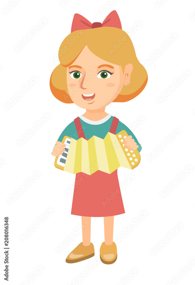 Caucasian smiling girl playing the accordion. Full length of little cheerful girl with the accordion. Vector sketch cartoon illustration isolated on white background. Caucasian smiling girl playing the accordion. Full length of little cheerful girl with the accordion. Vector sketch cartoon illustration isolated on white background.
