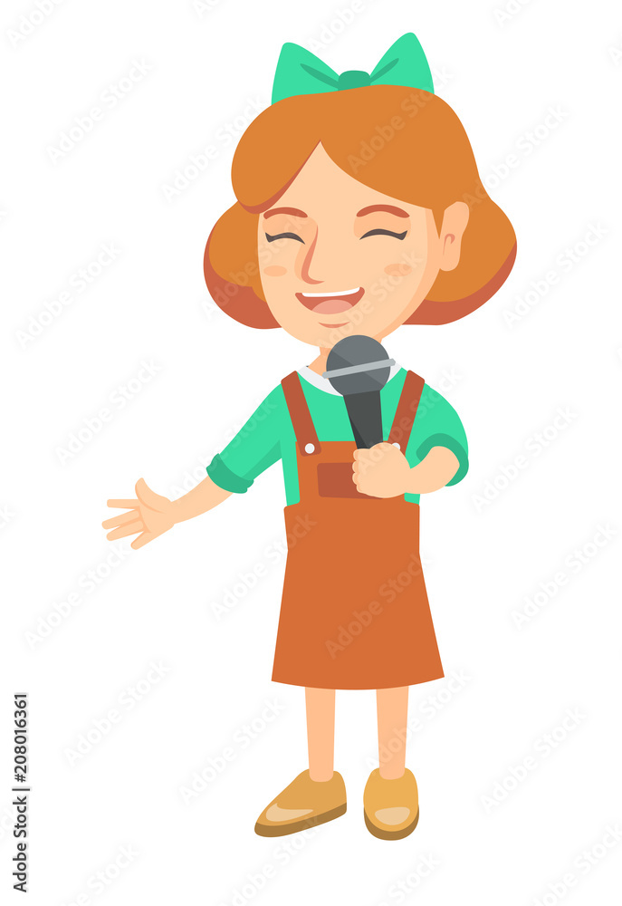 Caucasian little girl singing into a microphone. Smiling happy girl singing with a microphone. Girl holding a microphone. Vector sketch cartoon illustration isolated on white background.