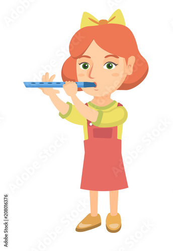 Caucasian little girl playing the flute. Full length of girl practicing on her flute.Concentrated girl with a flute. Vector sketch cartoon illustration isolated on white background.