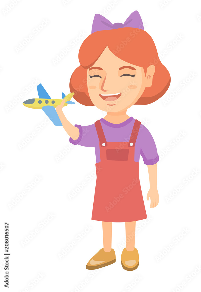 Caucasian cheerful girl playing with a toy airplane. Full length of happy smiling little girl with a toy plane. Vector sketch cartoon illustration isolated on white background. Caucasian cheerful girl playing with a toy airplane. Full length of happy smiling little girl with a toy plane. Vector sketch cartoon illustration isolated on white background.