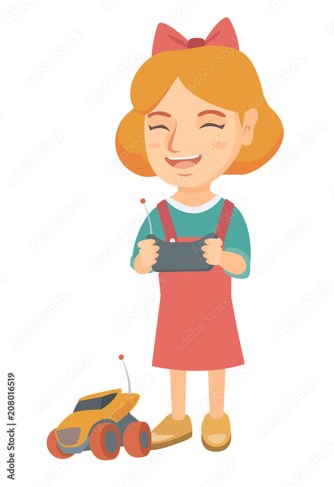 Caucasian cheerful girl playing with a radio-controlled car. Girl holding remote control and playing with the electric car. Vector sketch cartoon illustration isolated on white background. Caucasian cheerful girl playing with a radio-controlled car. Girl holding remote control and playing with the electric car. Vector sketch cartoon illustration isolated on white background.