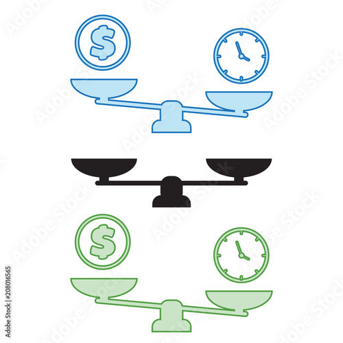 Scales icon. Money and time balance on scale. balance icons. Business success