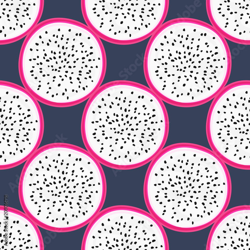 Seamless pattern with tropical fruits. Healthy dessert. Fruity background. Dragon fruit or pitaya. Exotic food. Wrapping, print on clothes, wallpaper, summer banner. Vector illustration, eps10