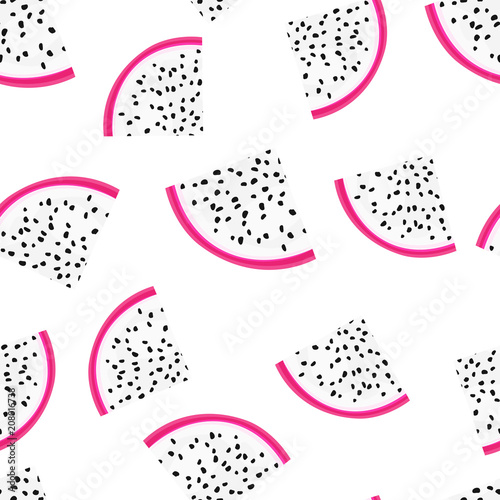 Seamless pattern with tropical fruits. Healthy dessert. Fruity background. Dragon fruit or pitaya. Exotic food. Wrapping, print on clothes, wallpaper, summer banner. Vector illustration, eps10