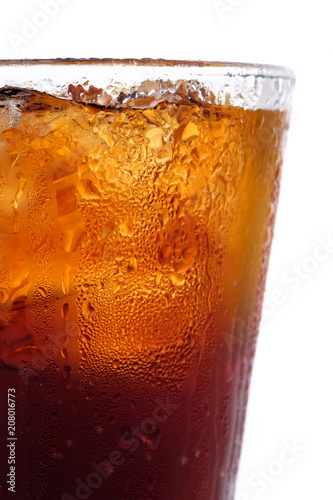 Photography Close up glass of cold cola carbonated drink, partial of the glass