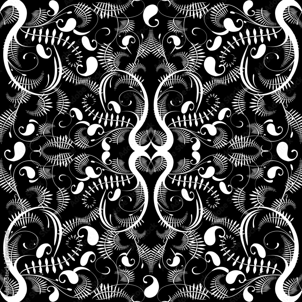 Vintage black and white paisley seamless pattern.