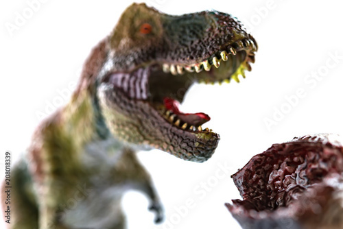 Fototapeta Naklejka Na Ścianę i Meble -  dinosaur bloody body and a tyrannosaurus at background selective focus