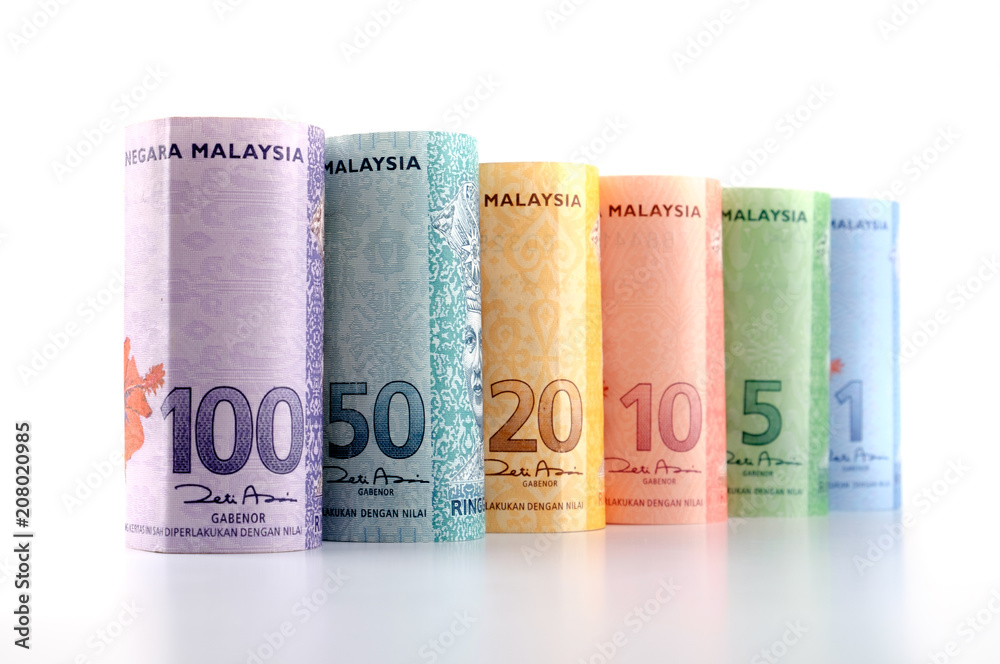 Row of Malaysia Ringgit on white background Row of Malaysia Ringgit on white background