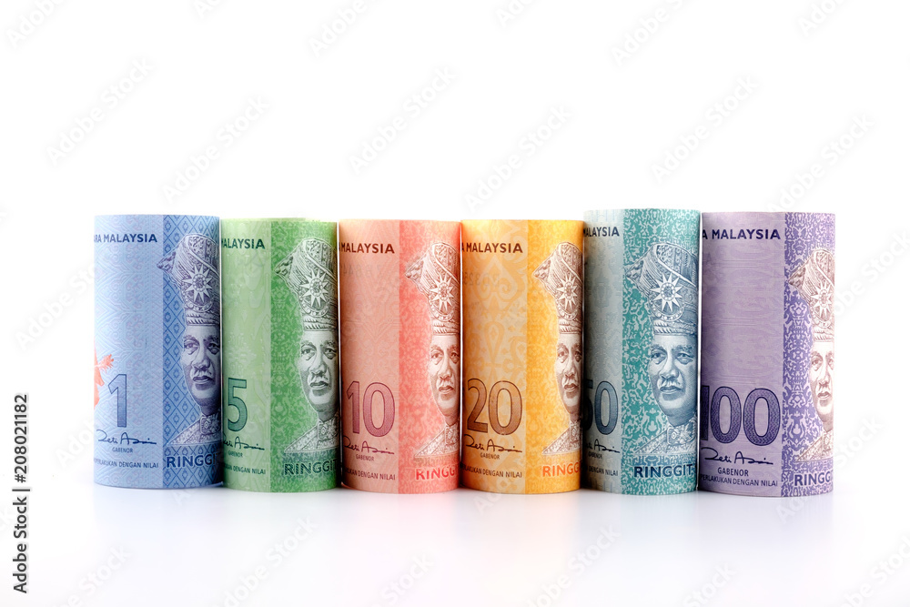 Row of Malaysia Ringgit on white background Row of Malaysia Ringgit on white background