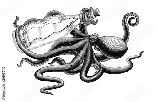 Octopus holding bottle hand drawing vintage clip art