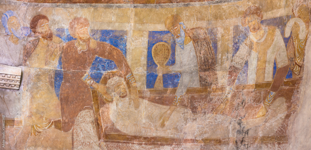 The Lamentation and entombment  of Christ, an ancient romanesque mural