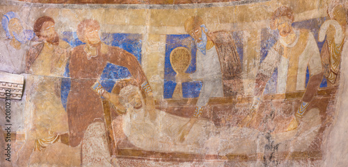 The Lamentation and entombment  of Christ, an ancient romanesque mural photo