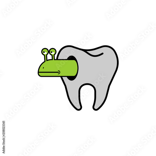 Tooth and worm with hole. Microbes sick tooth. Caries and pulpitis Toothache Vector illustration