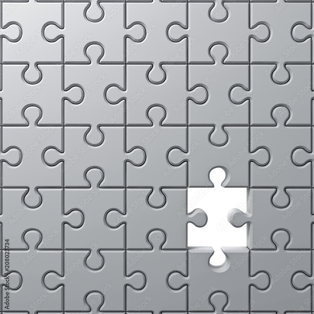 White jigsaw puzzle pieces one missing concept . 3D rendering. White jigsaw puzzle pieces one missing concept . 3D rendering.