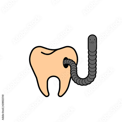 Tooth and worm with hole. Microbes sick tooth. Caries and pulpitis Toothache Vector illustration