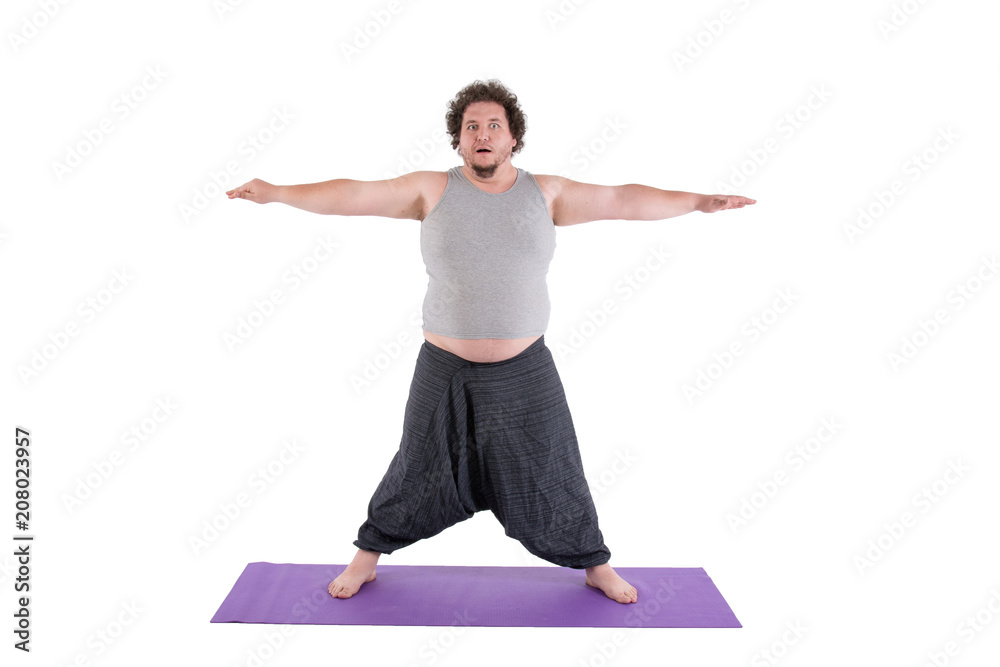 Funny fat man and yoga. White background. 