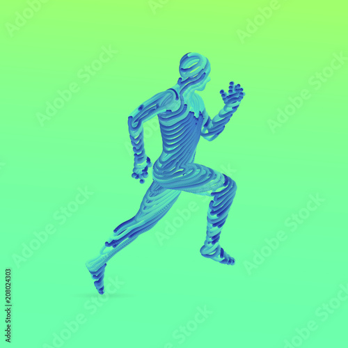 Running man. Emblem for marathon and jogging. 3d model of man. Vector Illustration. Wire connection to virtual reality.