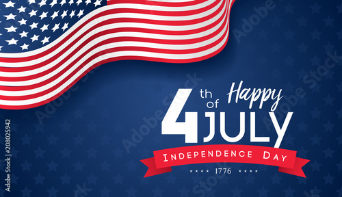 4th of July with USA flag, Independence Day Banner Vector illustration.