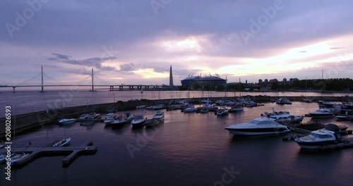 Aerial drone view of the beautiful sunset over the Gulf of Finland and world cup 2018 football stadium.  Saint Petersburg, Russia