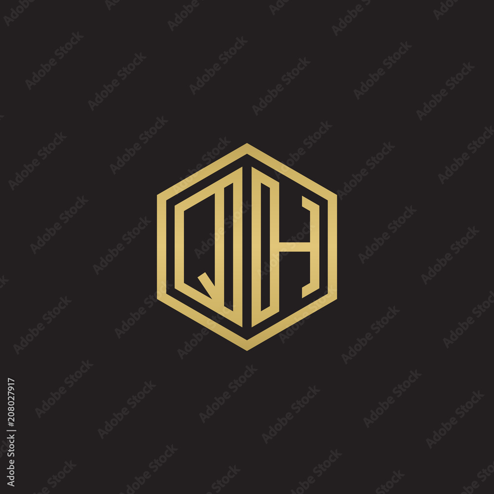 Initial letter QH, minimalist line art hexagon shape logo, gold color on black background Initial letter QH, minimalist line art hexagon shape logo, gold color on black background