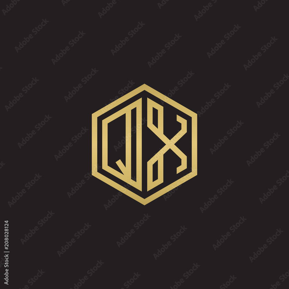 Initial letter QX, minimalist line art hexagon shape logo, gold color on black background Initial letter QX, minimalist line art hexagon shape logo, gold color on black background