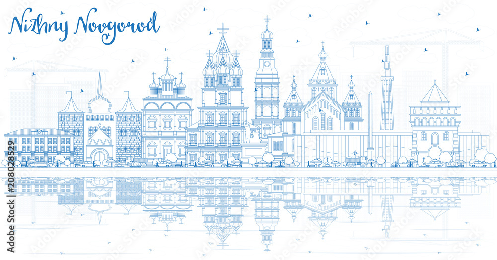 Obraz Outline Nizhny Novgorod Russia City Skyline with Blue Buildings and Reflections.