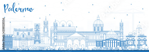 Outline Palermo Italy City Skyline with Blue Buildings.