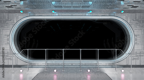 Fototapeta Naklejka Na Ścianę i Meble -  White tech spaceship round window interior background 3D rendering