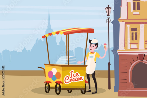 Ice cream seller, cart, vector, illustration, cartoon style, isolated