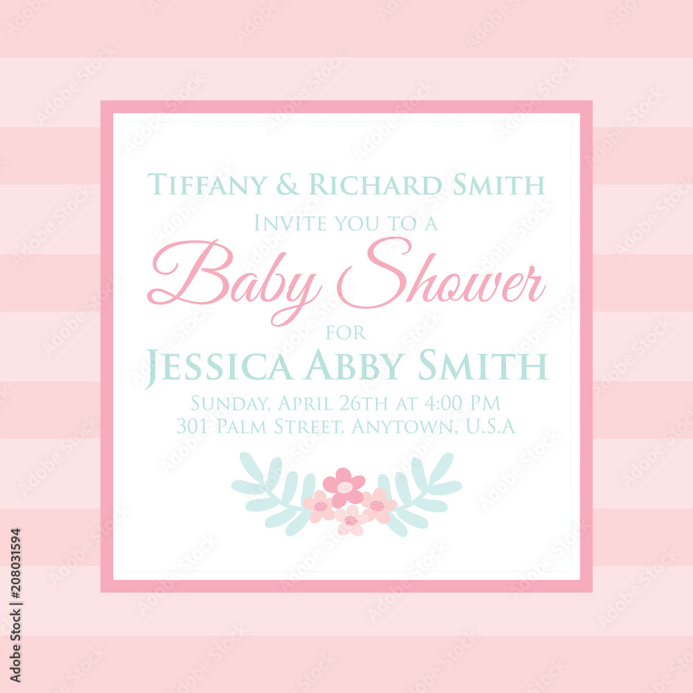 baby shower invitation card with pink stripe background
