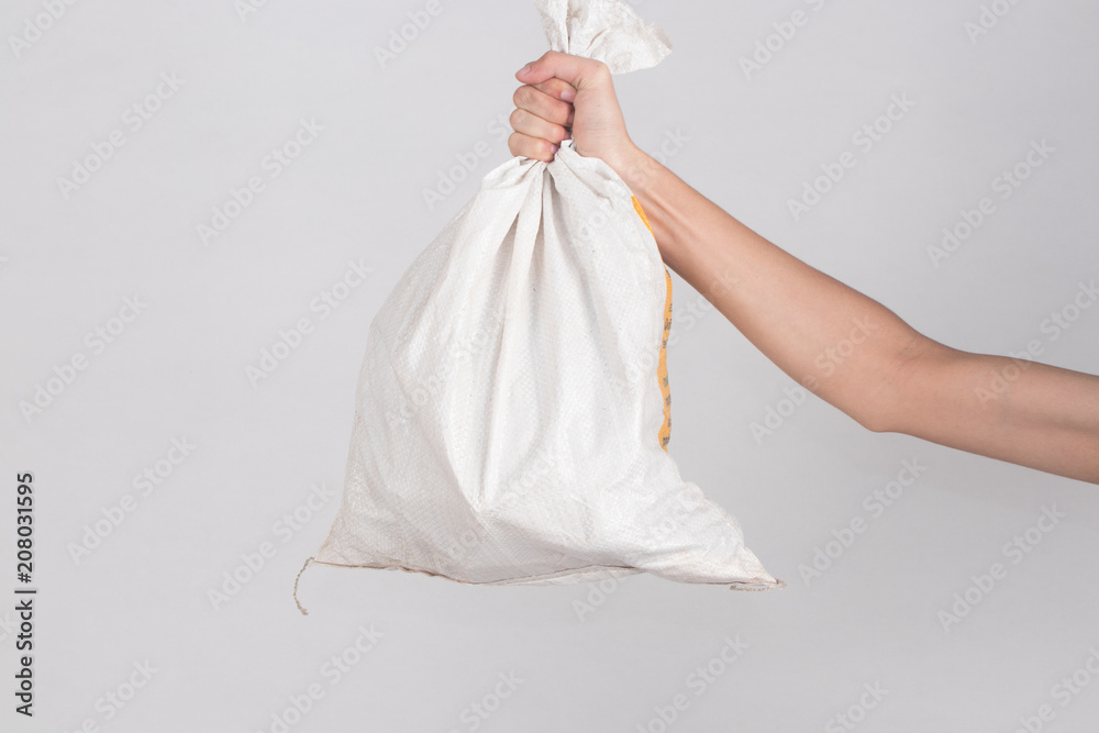 holding the bag on hand isolated white background holding the bag on hand isolated white background