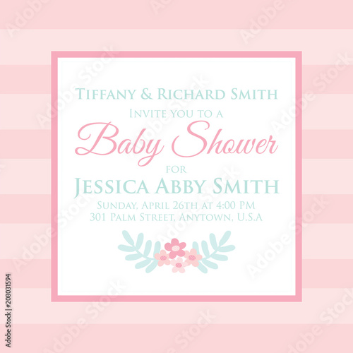 baby shower invitation card with pink stripe background © vanillasky30