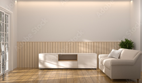 Tv cabinet with sofa in the room 3d illustration furniture,modern home designs,shelves and books on the desk in front of clean wall mock up background interior