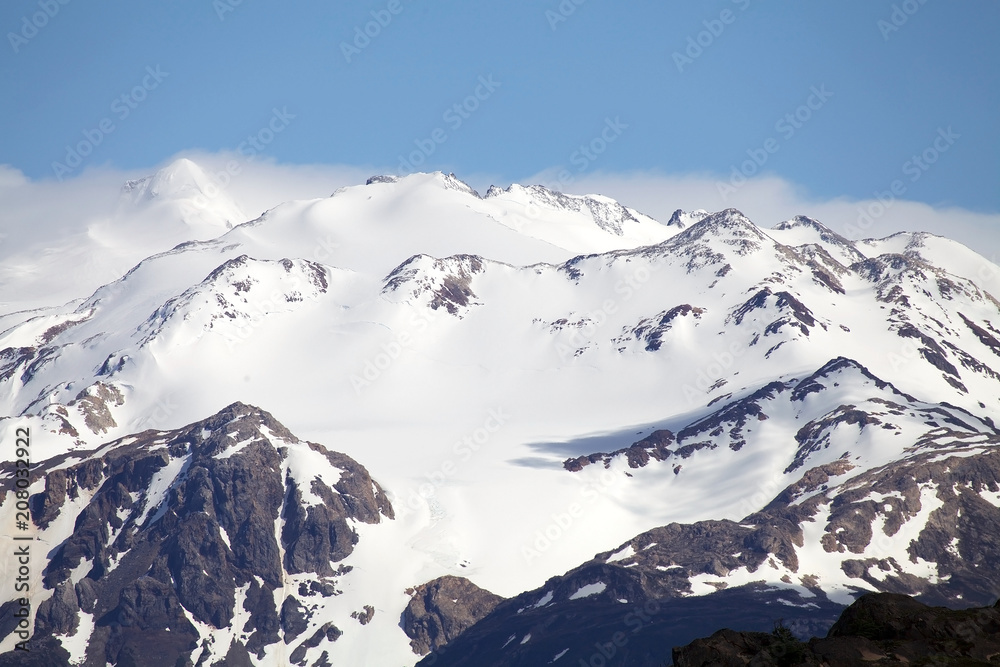 Mountains with snow at the Torres del Paine National Park, Magallanes Region, southern Chile