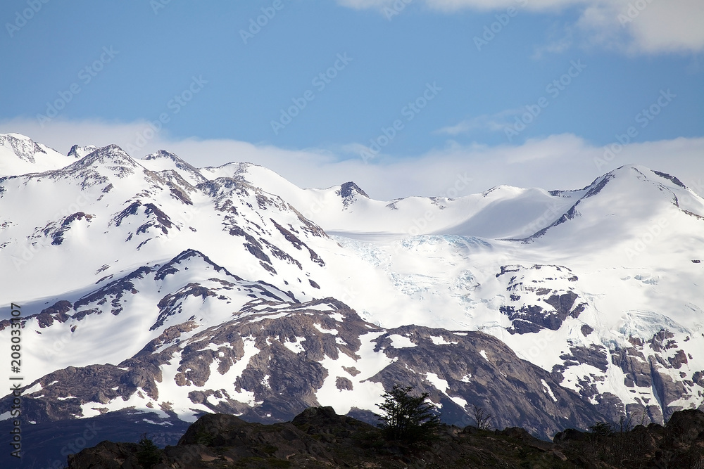 Mountains with snow at the Torres del Paine National Park, Magallanes Region, southern Chile