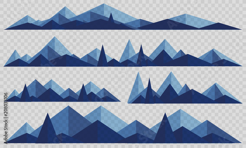 Mountains low poly style set. Polygonal mountain ridges.