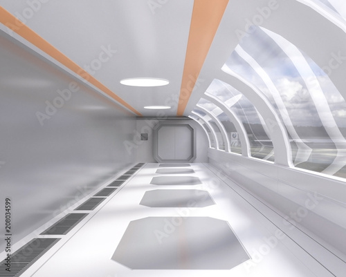 Fototapeta Naklejka Na Ścianę i Meble -  3d rendering bright futuristic tunnel with window and outside view,hallway,spaceship