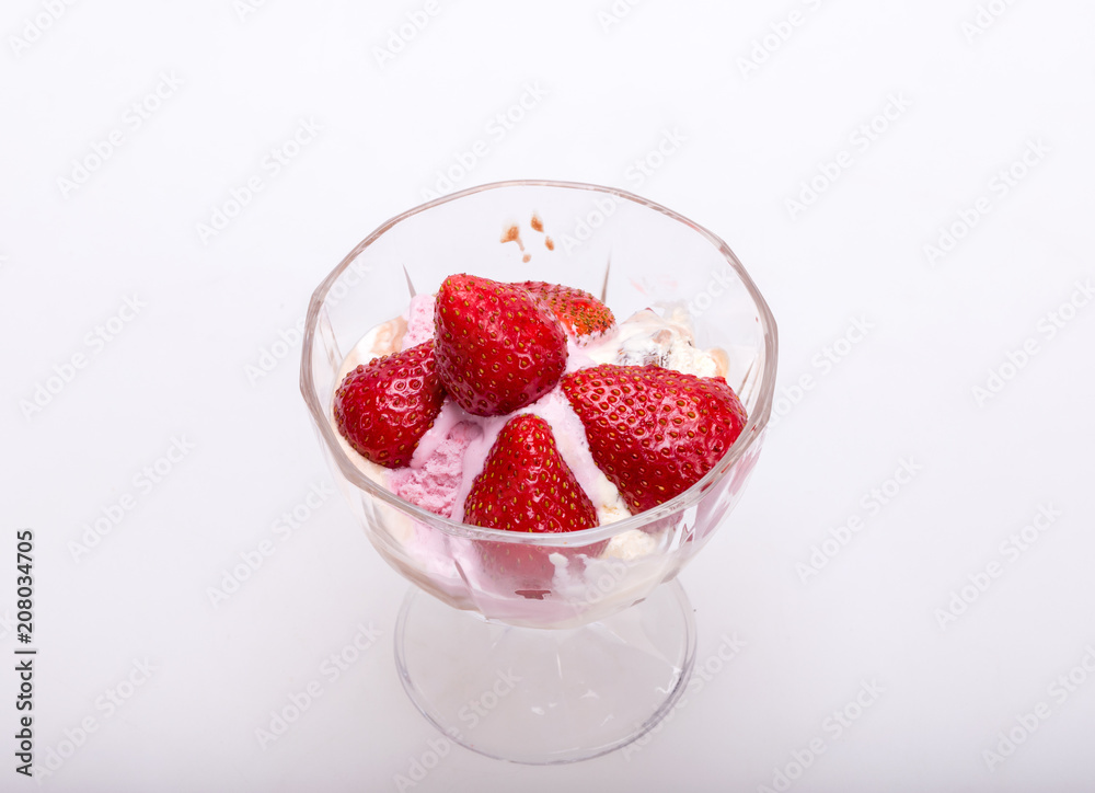 ice cream and fresh ripe strawberries isolated on white background ice cream and fresh ripe strawberries isolated on white background